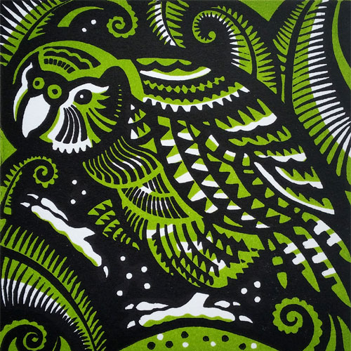Kooky Kakapo, Linocut, Josephine Sumner